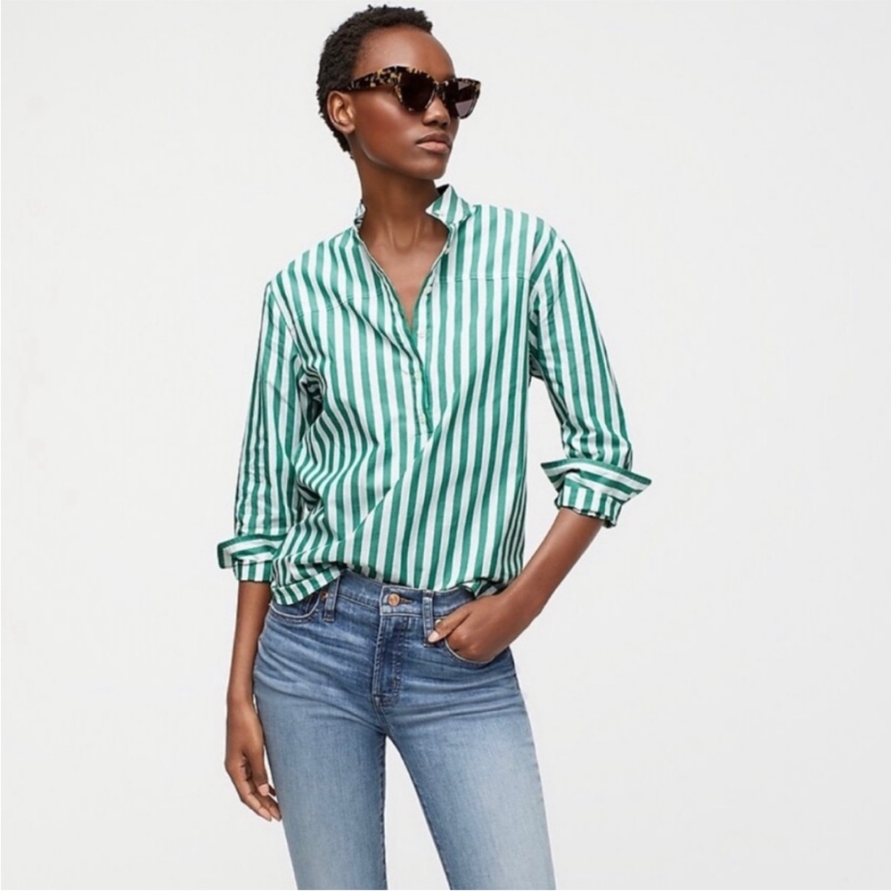 J Crew Band Collar Popover Tunic Top Bold‎ Stripe Green White L1848 sz 8
